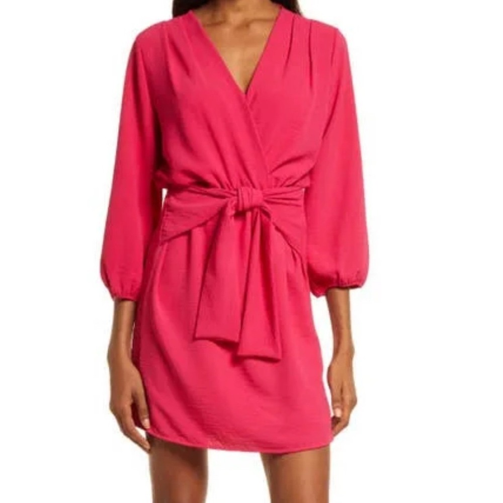 fraiche by j Womens Wrap Dress Pink V Neck Long Sleeve Tie Waist ALine Size M